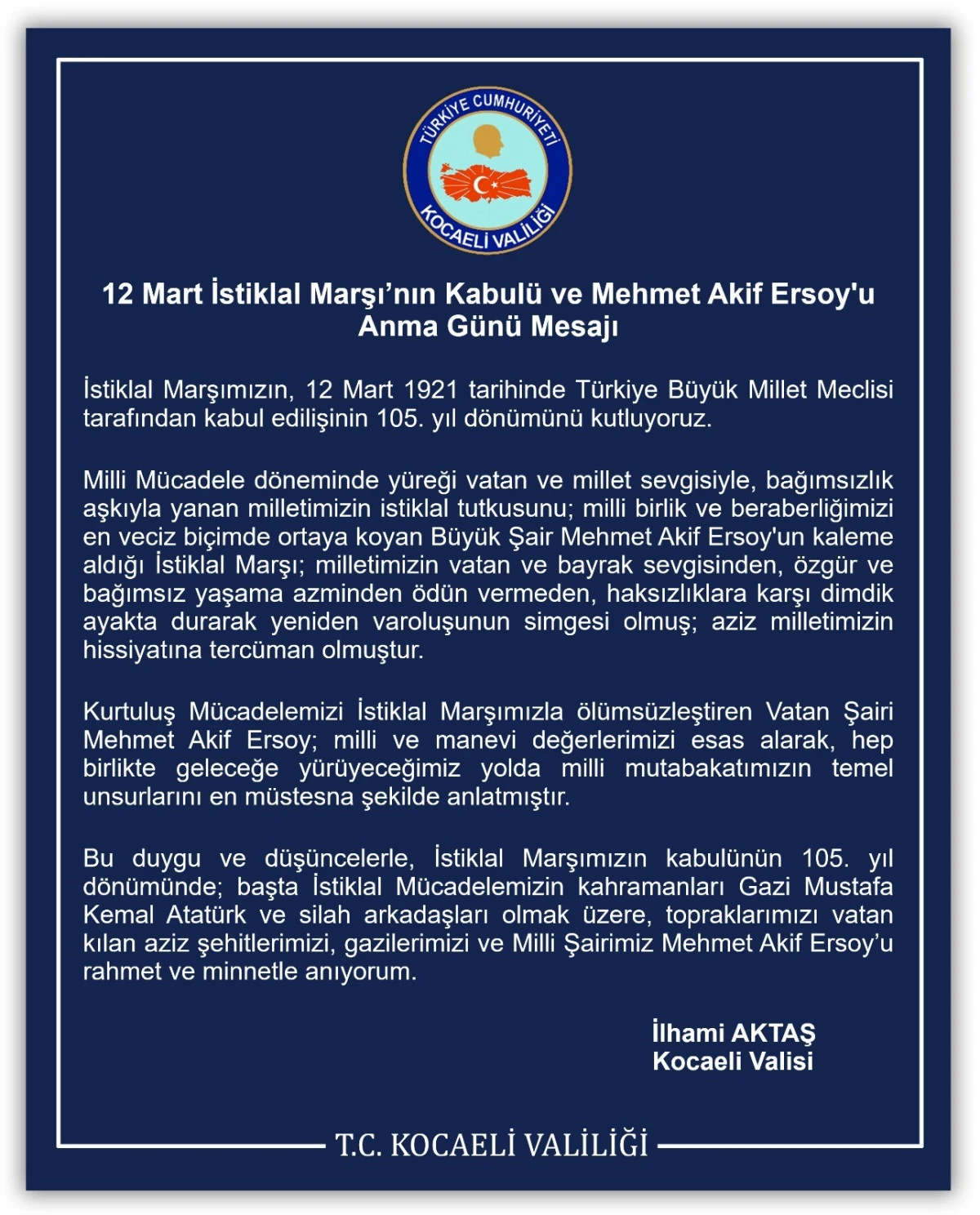 12 Mart İstiklal Marşı&rsquo;nın Kabul&uuml; ve Mehmet Akif Ersoy'u Anma G&uuml;n&uuml; Mesajı