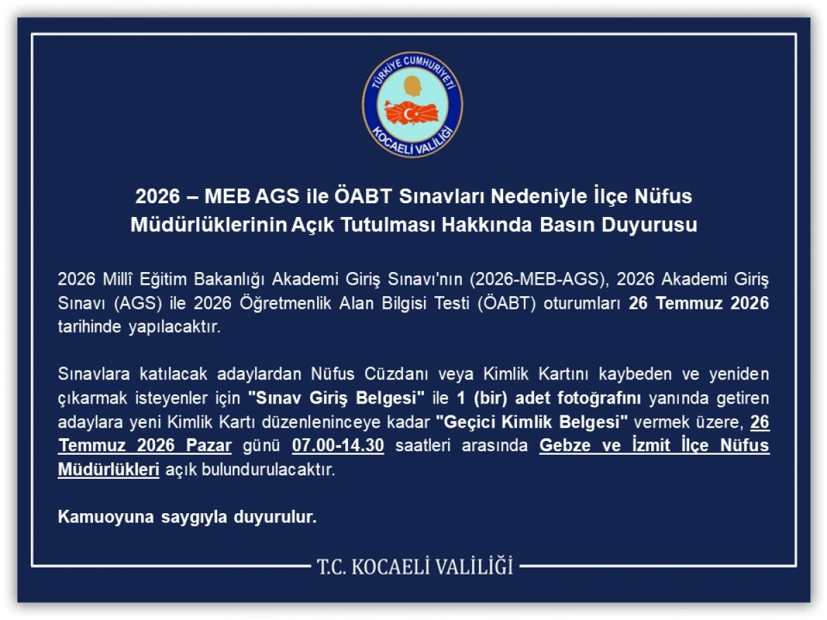 2026 &ndash; MEB AGS ile &Ouml;ABT Sınavları Nedeniyle İl&ccedil;e N&uuml;fus M&uuml;d&uuml;rl&uuml;klerinin A&ccedil;ık Tutulması Hakkında Basın Duyurusu