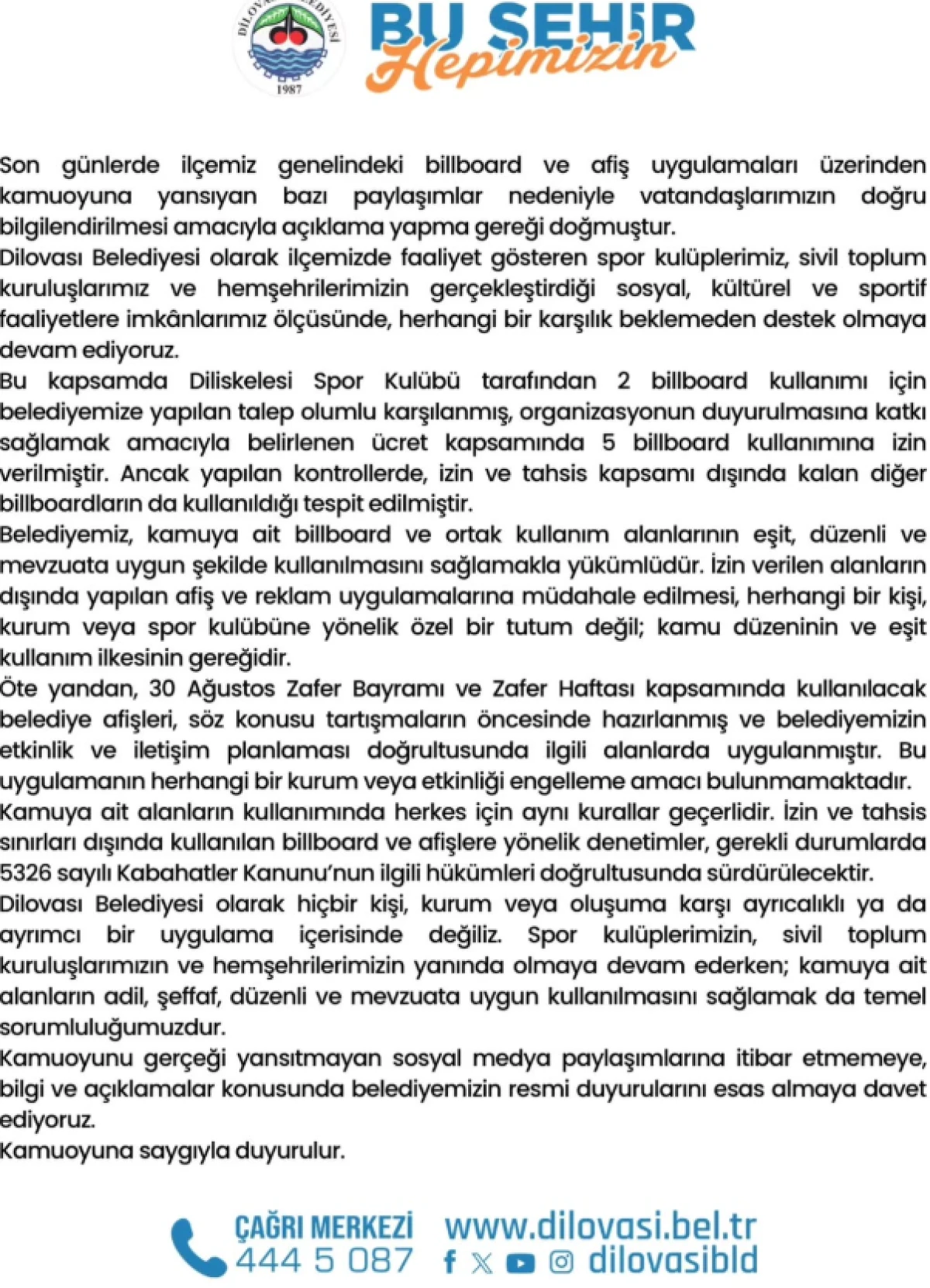 Dilovası Belediyesi&rsquo;nden Billboard ve Afiş Uygulamalarıyla İlgili A&ccedil;ıklama
