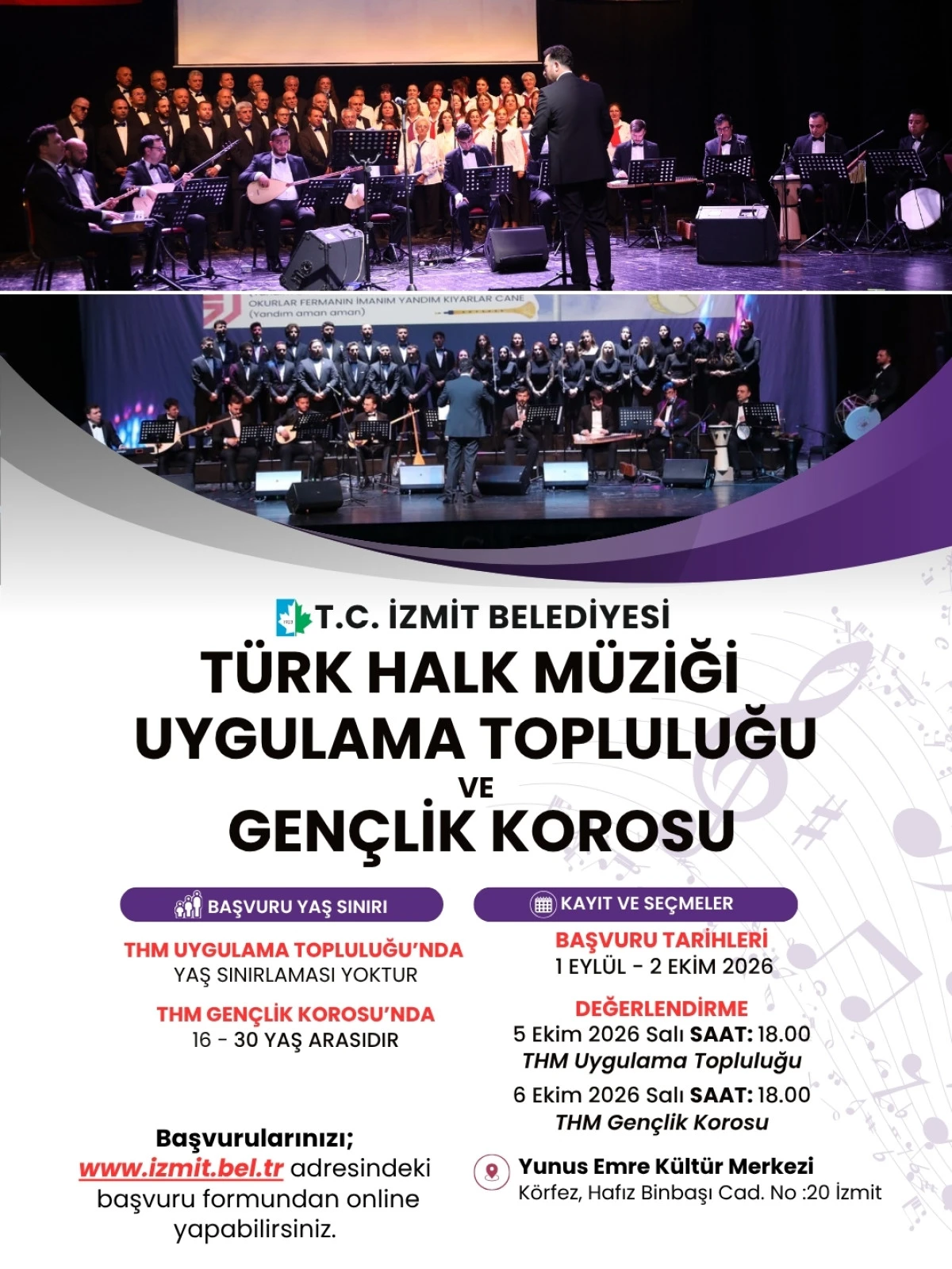 İzmit Belediyesi T&uuml;rk Halk M&uuml;ziği Uygulama Topluluğu  ve Gen&ccedil;lik Korosu i&ccedil;in başvurular başlıyor 