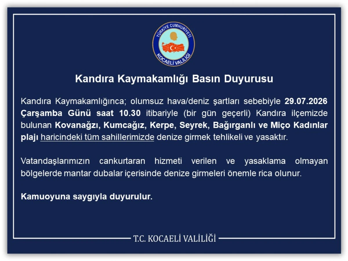  Kandıra Kaymakamlığı Basın Duyurusu 