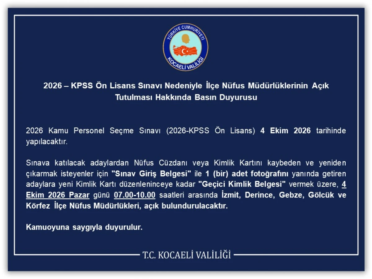 KOCAELİ VALİLİĞİ İl Basın ve Halkla İlişkiler M&uuml;d&uuml;rl&uuml;ğ&uuml;  02.10.2026 2026 &ndash; KPSS &Ouml;n Lisans