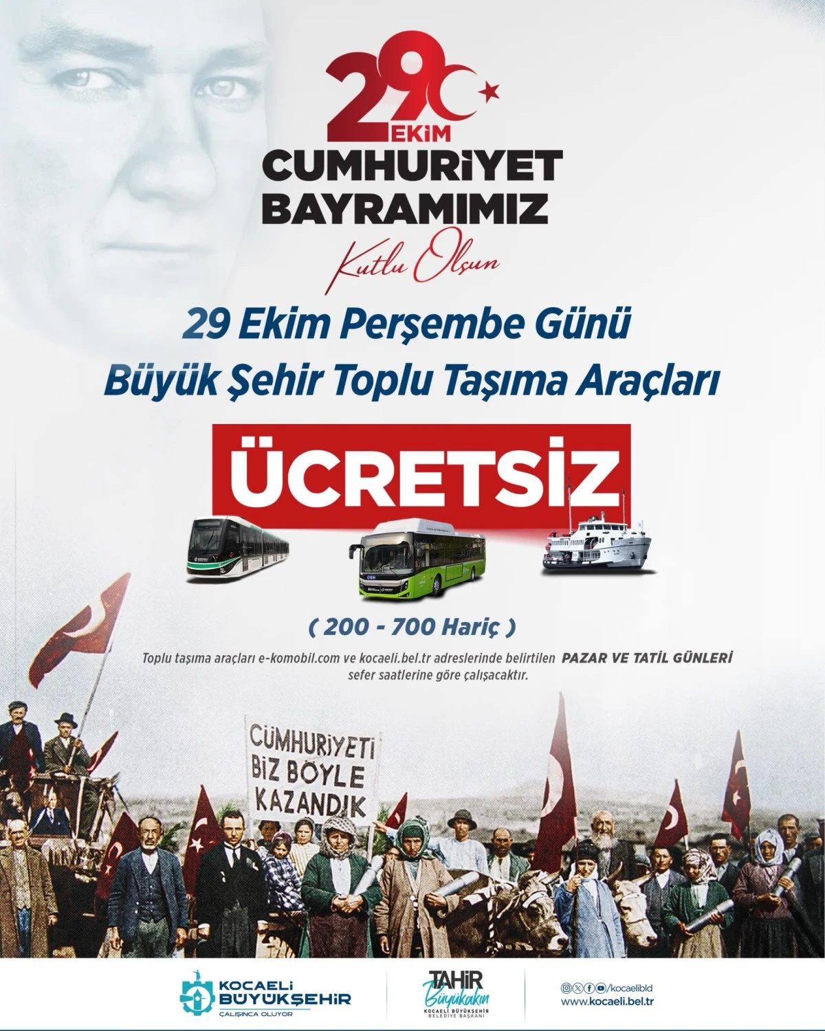Kocaeli&rsquo;de 29 Ekim&rsquo;de toplu ulaşım &uuml;cretsiz