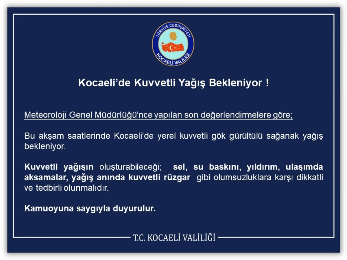 Kocaeli’de Kuvvetli Yağış Bekleniyor !