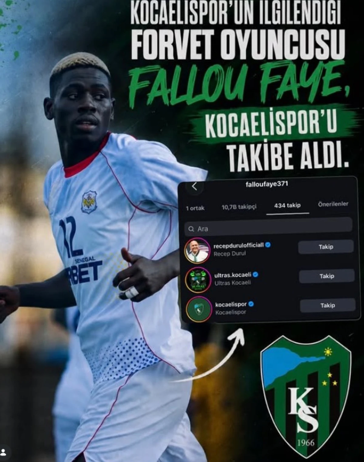 Kocaelispor&rsquo;un İlgilendiği Senegalli Forvet Fallou Faye&rsquo;den Dikkat &Ccedil;eken Hamle