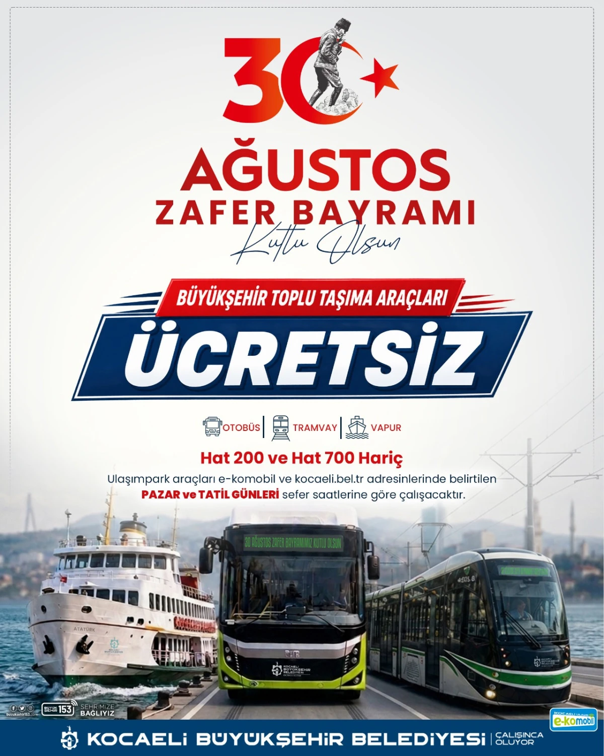 Zafer Bayramı&rsquo;nda Kocaeli&rsquo;de ulaşım &uuml;cretsiz